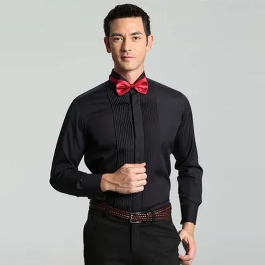 2024 Tuxedo Shirts Mens Korea Slim Fit Bow Tie Wedding Shirt White Business French-Cuffed Shirt Dress Shirts