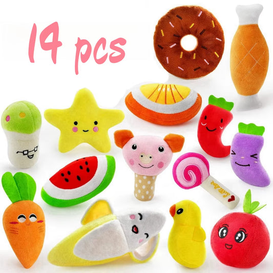 14 Pack of Cute Stuffed Plush Fruit Snacks and Vegetables for Dogs, Suitable for Small and Medium-Sized Dog Pets