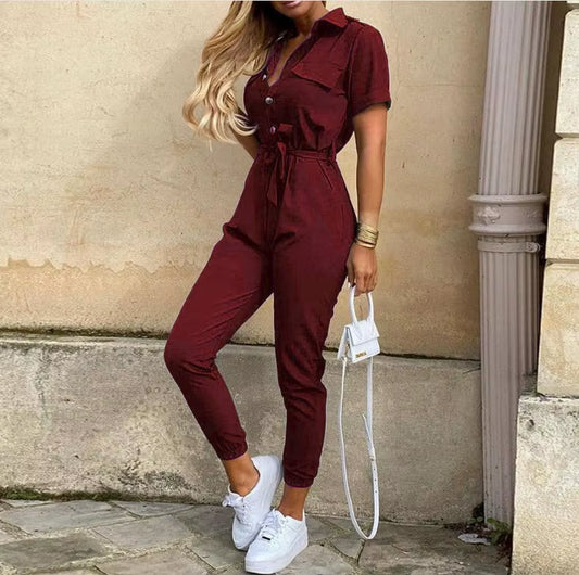 2024 Spring/Summer Women'S Fashion, Elegant and Elegant Commuter Casual Lapel, Printed Belt, Work Dress Jumpsuit