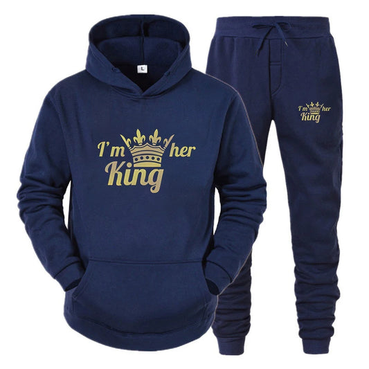 Crown KING QUEEN Print Men/Women Tracksuit Sets Casual Hoodie and Pants 2Pcs Sets Oversized Pullover Lover Couples Sportwear Set
